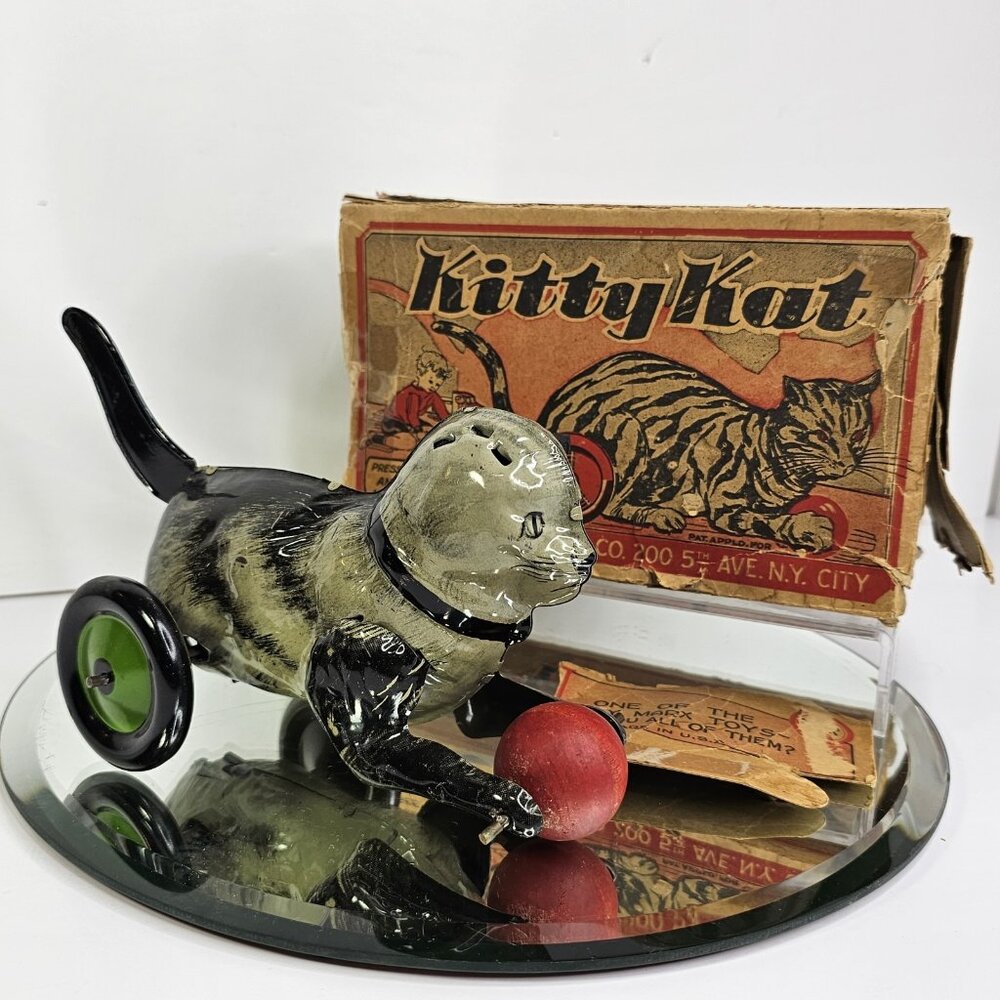 Vintage Louis Marx Tin Litho Friction Black Tabby Cat with Ball And Box. Works!